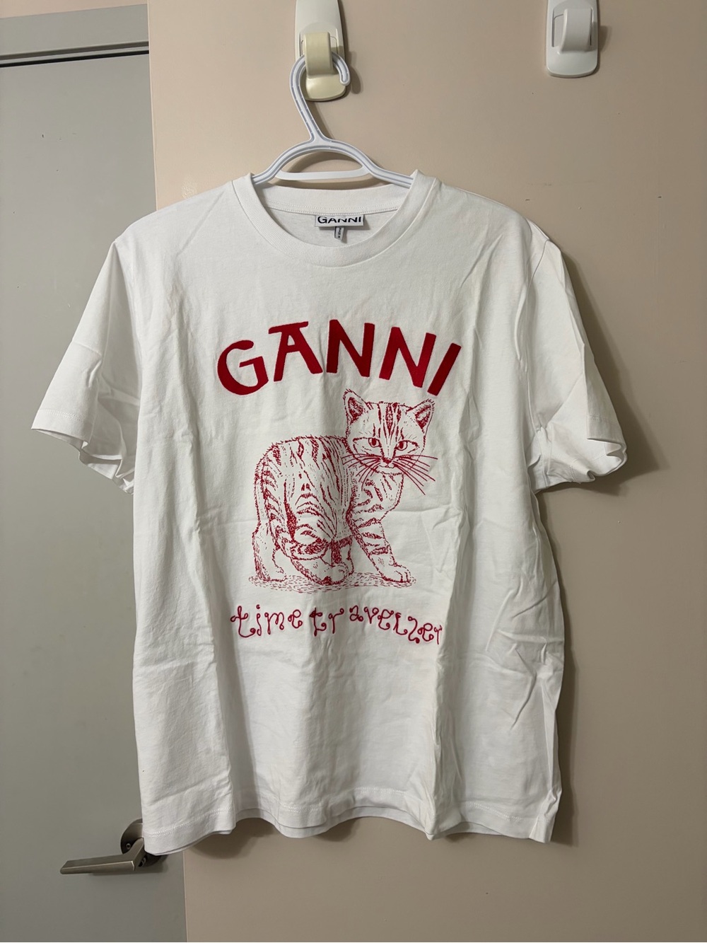 Ganni White Tee with Red Cat Graphic